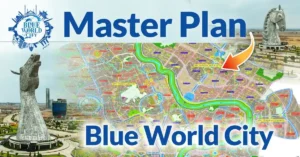 Map screenshot of the Blue World City Proposed Master Plan with overlay text.