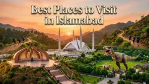 Best places to visit in Islamabad featuring Faisal Mosque, Pakistan Monument, Dino Valley, and Margalla Hills hiking trails